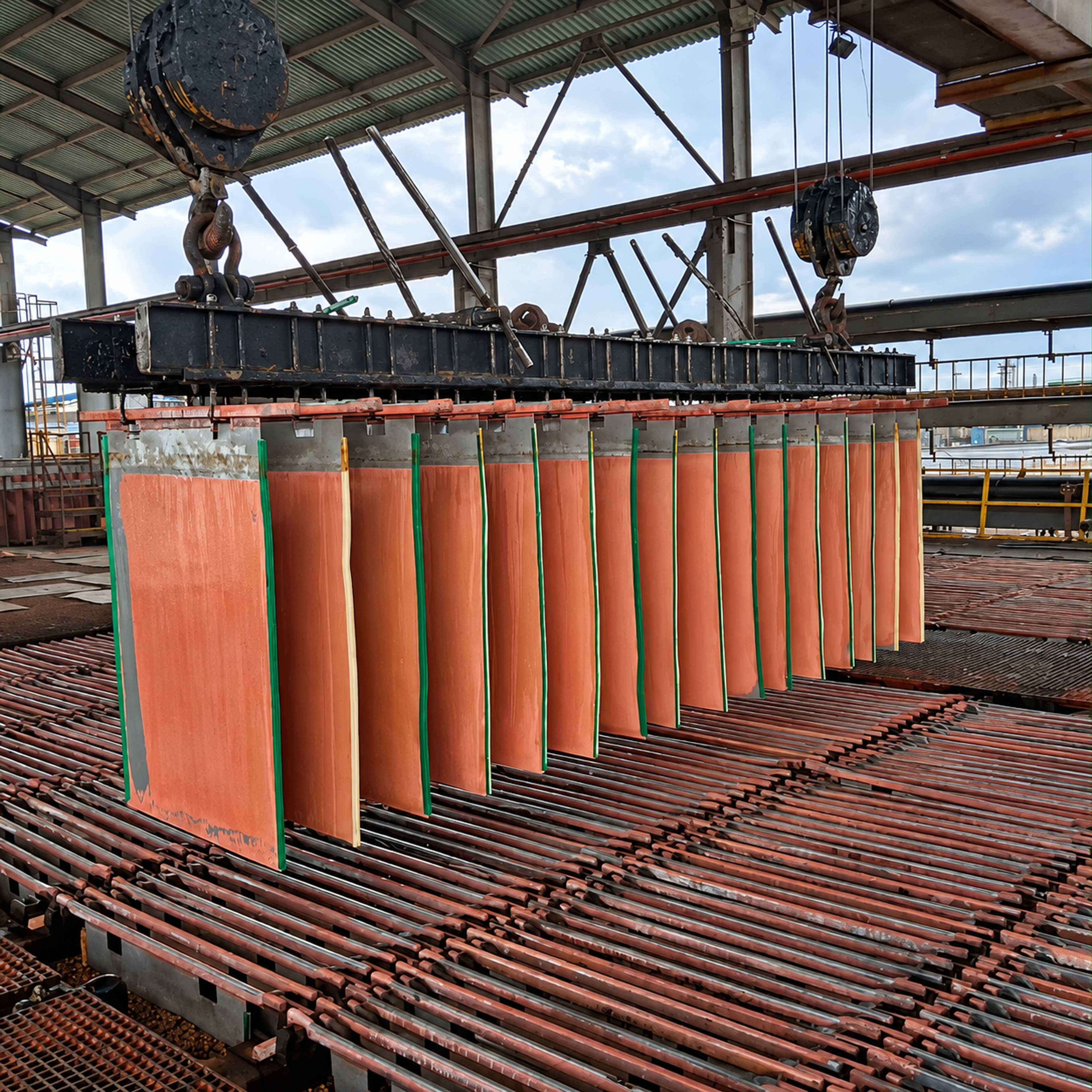 Copper sheets stacked and secured with metal straps at an industrial processing facility. Photo: Elisha Iragi