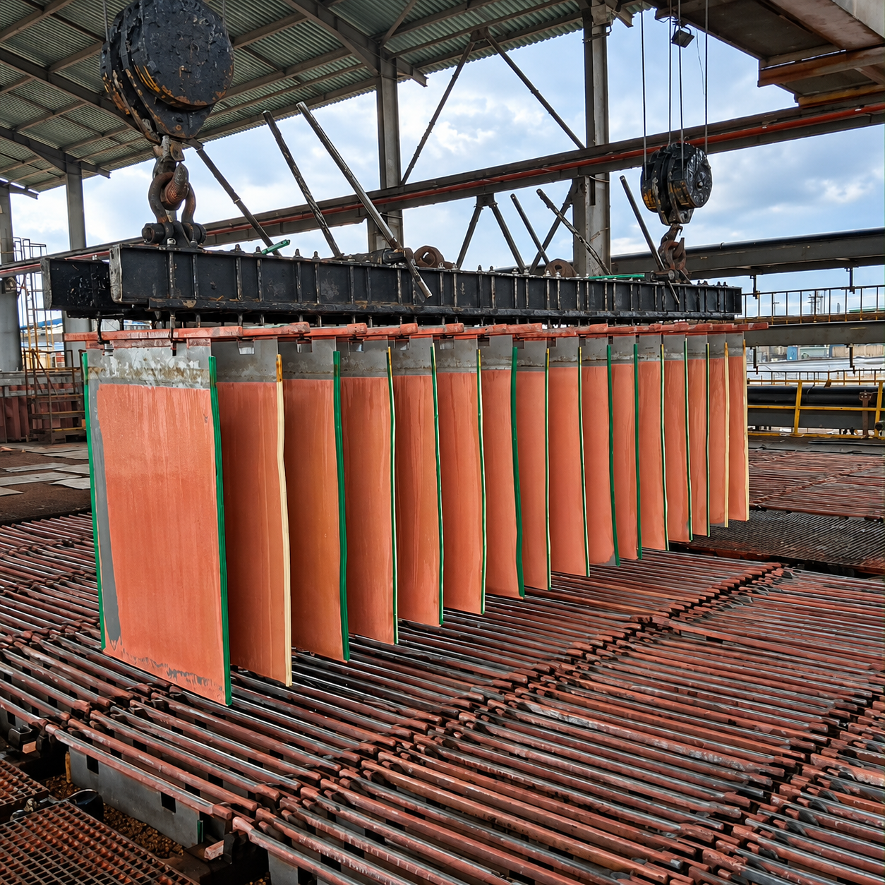 Copper sheets stacked and secured with metal straps at an industrial processing facility. Photo: Elisha Iragi