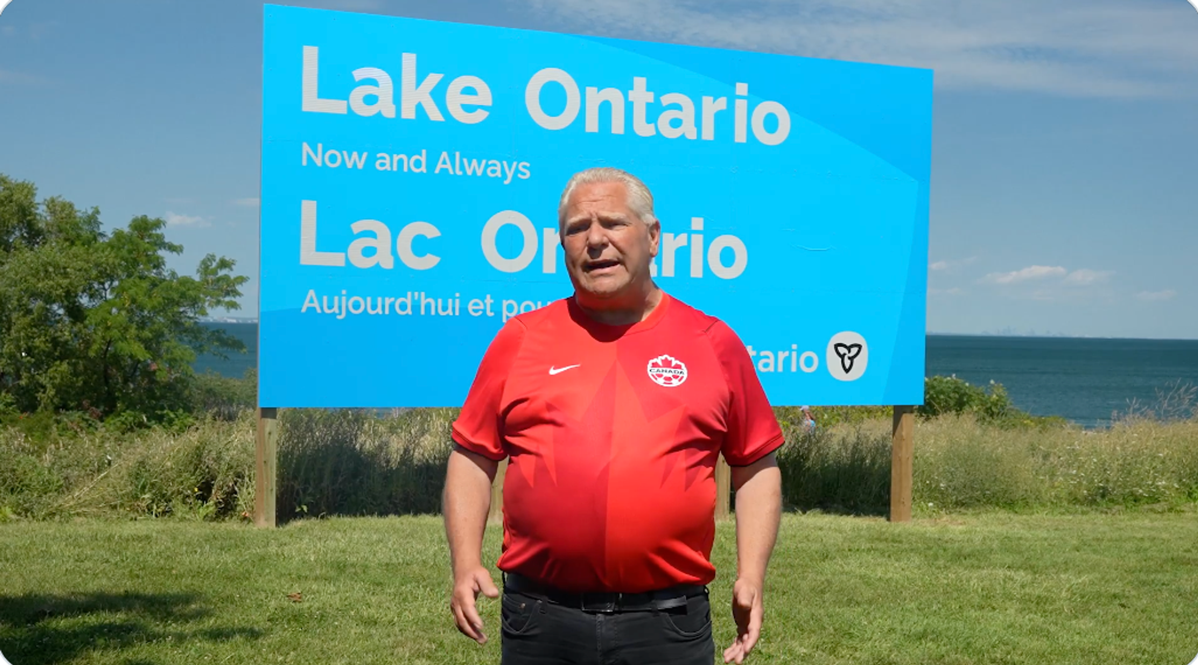 Ontario Premier Doug Ford unveiled a rival lakeside sign, countering Donald Trump’s renaming of Lake Ontario as “Lake America” on 29 August 2026. Photo: @fordnation/X