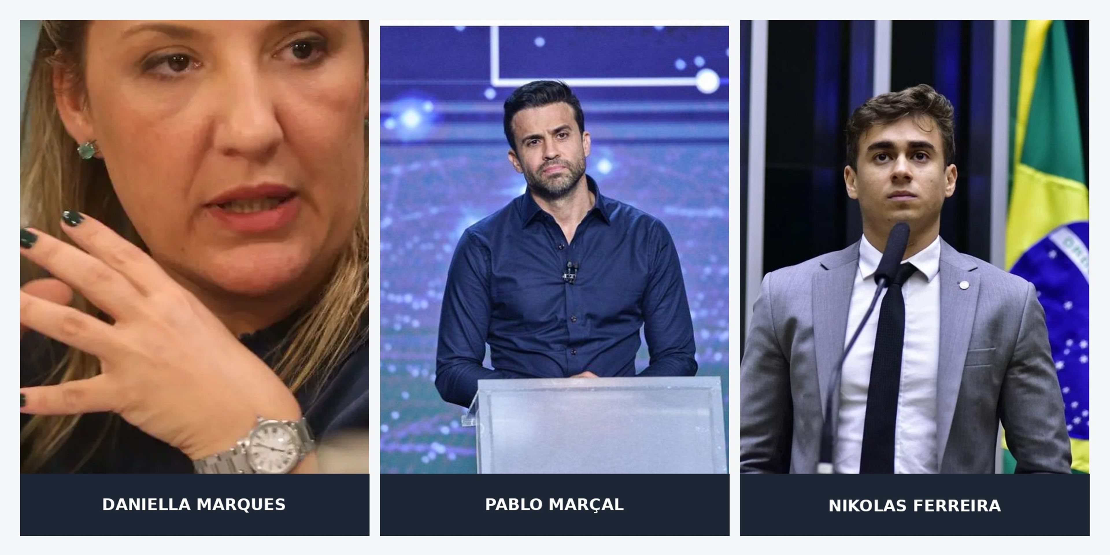 From left, Daniella Marques, an economist tipped for the post of economy minister; Brazilian influencer Pablo Marçal; and federal deputy Nikolas Ferreira, who received the highest number of votes among candidates for the Chamber of Deputies in Brazil’s 2026 election. Photo: Agência Brasil.
