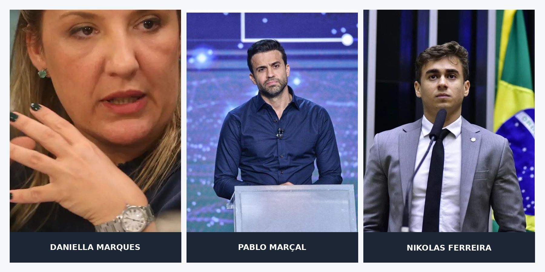 From left, Daniella Marques, an economist tipped for the post of economy minister; Brazilian influencer Pablo Marçal; and federal deputy Nikolas Ferreira, who received the highest number of votes among candidates for the Chamber of Deputies in Brazil’s 2026 election. Photo: Agência Brasil.