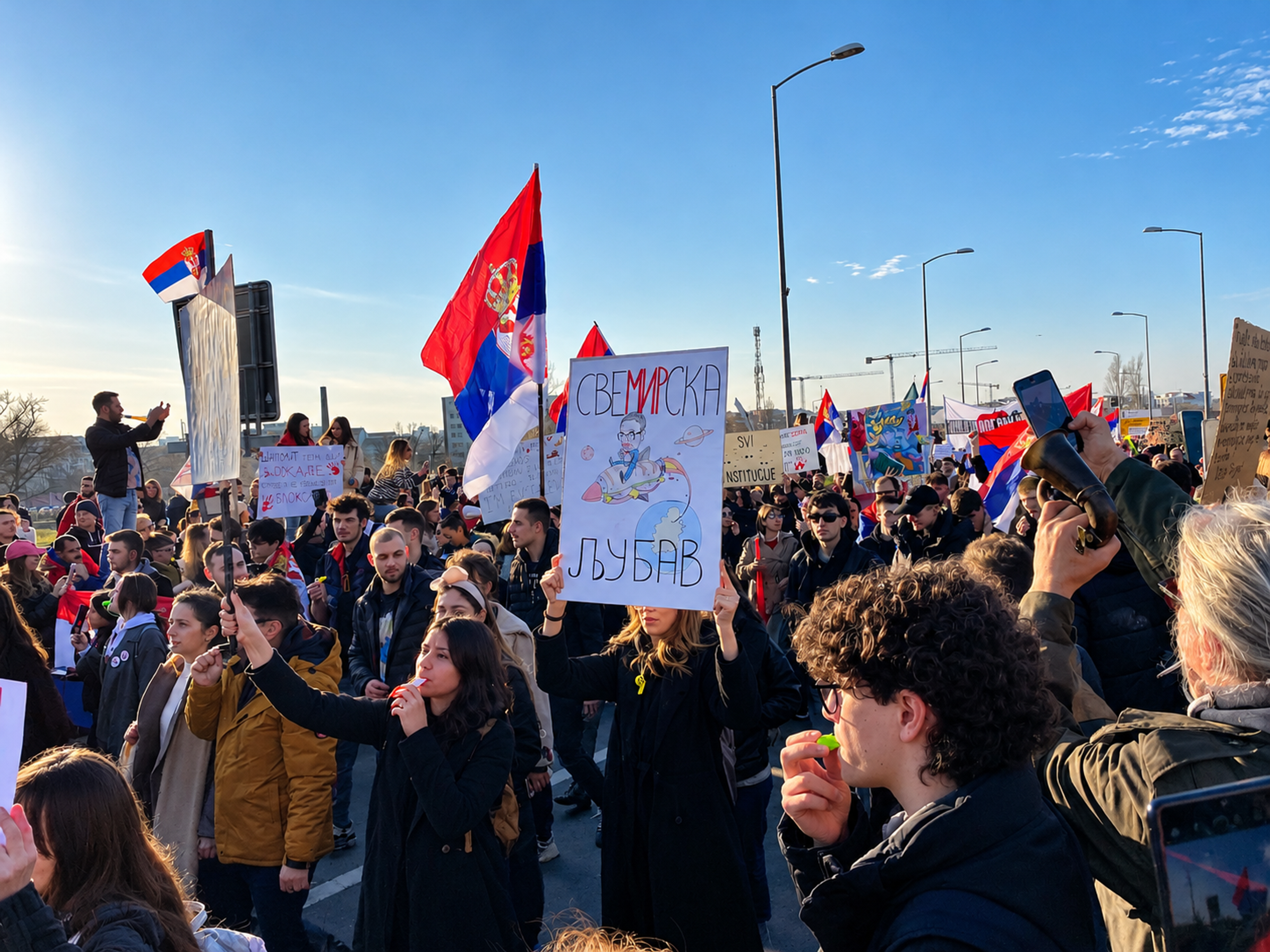 Students take part in a protest at the Žeželj Bridge in Novi Sad, Serbia, on February 1, 2025. Photo: Wikimedia Commons