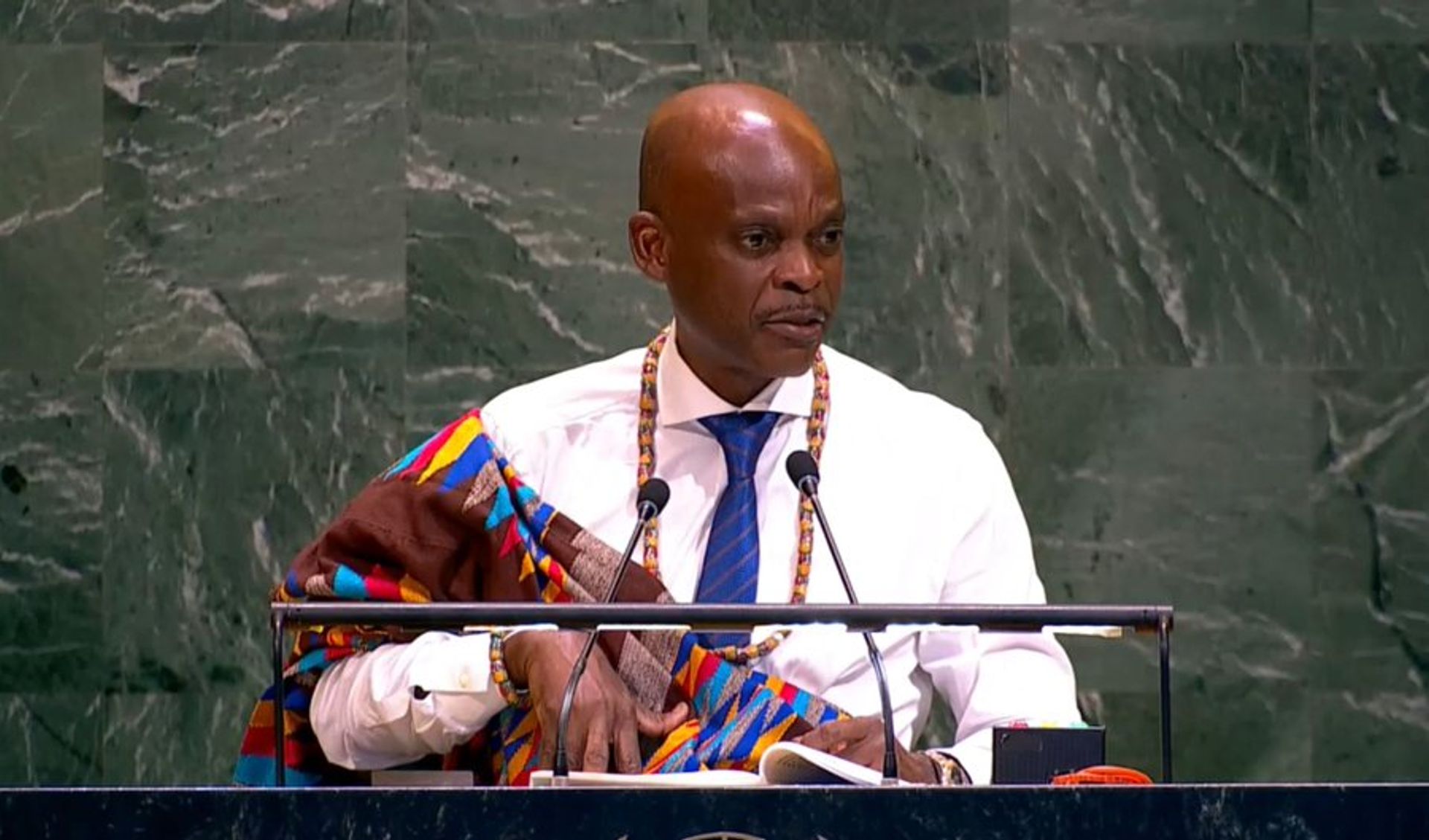 Togo’s Foreign Minister Robert Dussey addresses the UN General Assembly, championing the “Correct the Map” resolution to give Africa its true size on the world map. Photo: African Union