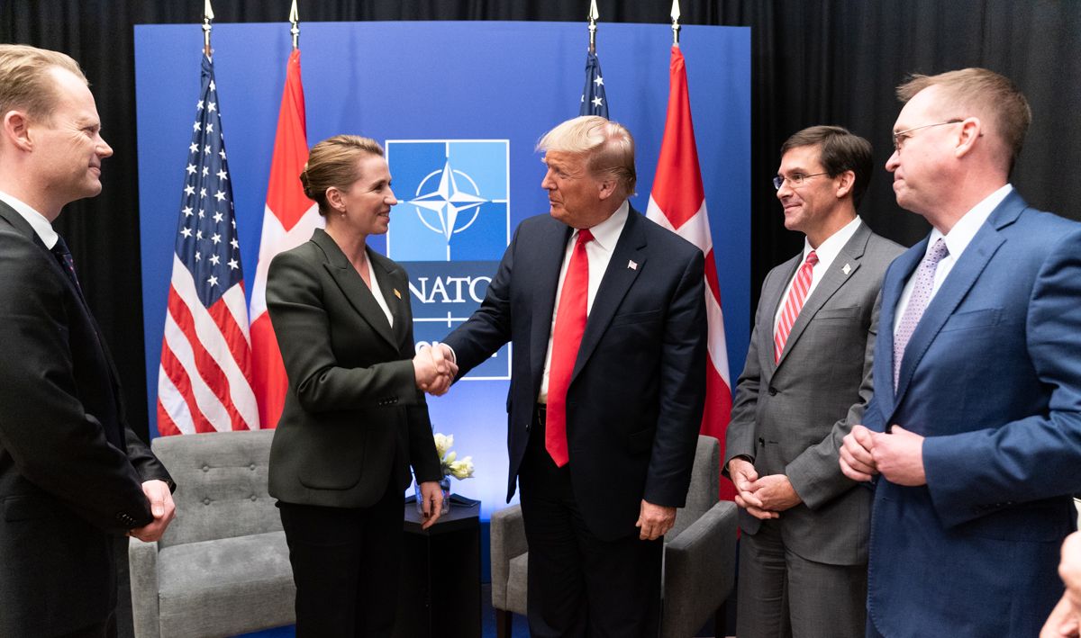 The US President Donald Trump and Danish Prime Minister Mette Frederiksen during the NATO's 70th anniversary meeting on December 4, 2019, in London.