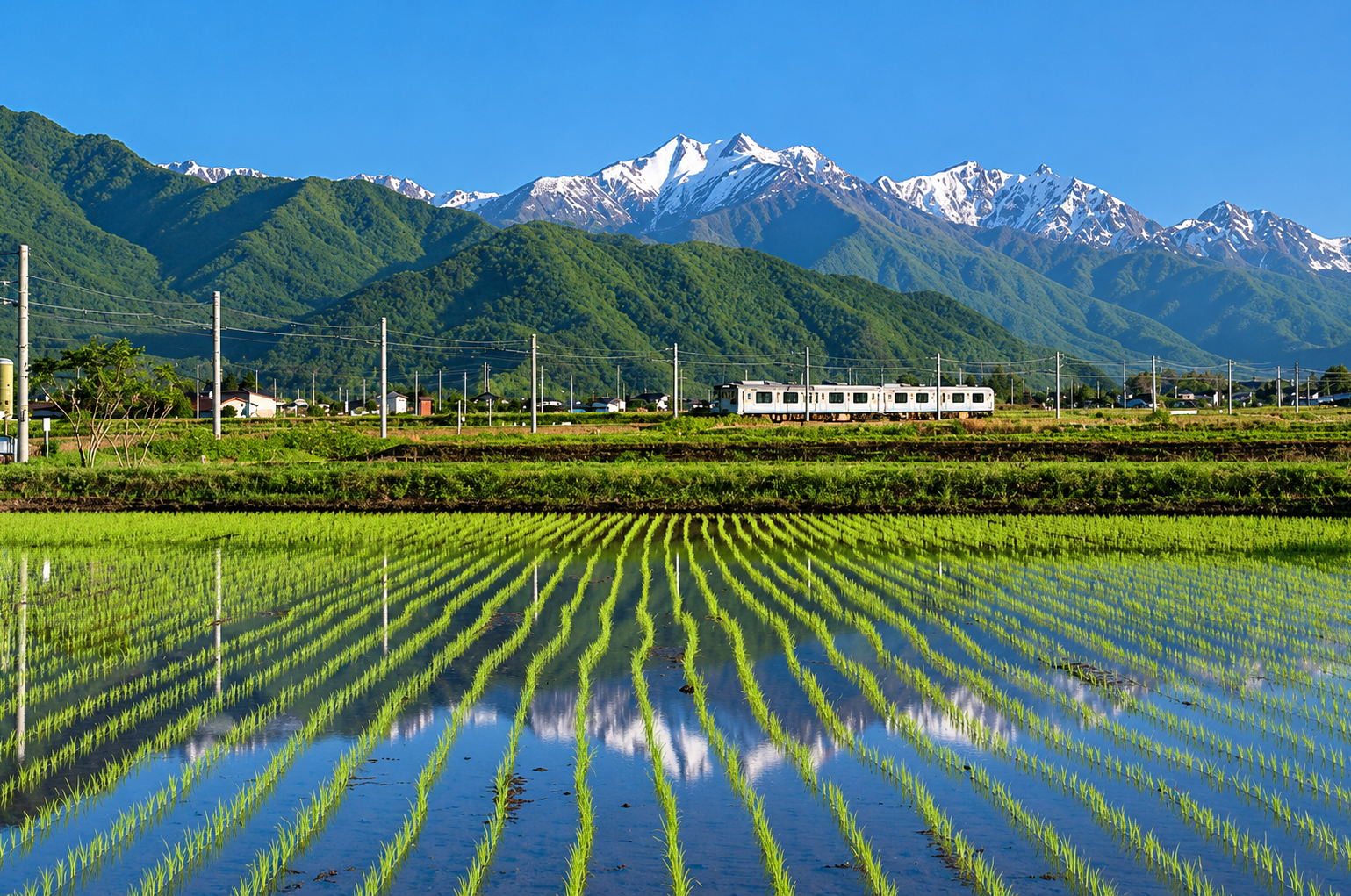 A paddy field in Omachi, a mountainous city in Japan’s Nagano Prefecture, with the Northern Japanese Alps in the background. The city consolidated four elementary schools into two in April 2026 amid declining student enrolment. Photo: On-chan