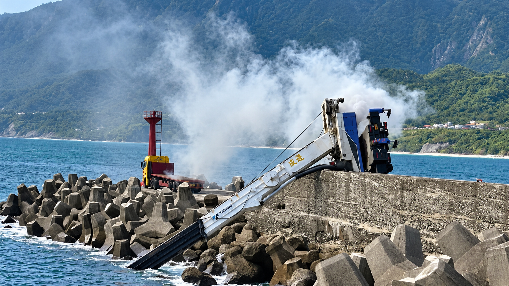 A crane lies submerged after being toppled into the sea by powerful waves brought by Typhoon Champi at Fugang Fishing Port in Taitung County, Taiwan, on October 23, 2026. Photo: Lu Tai-cheng/CNA