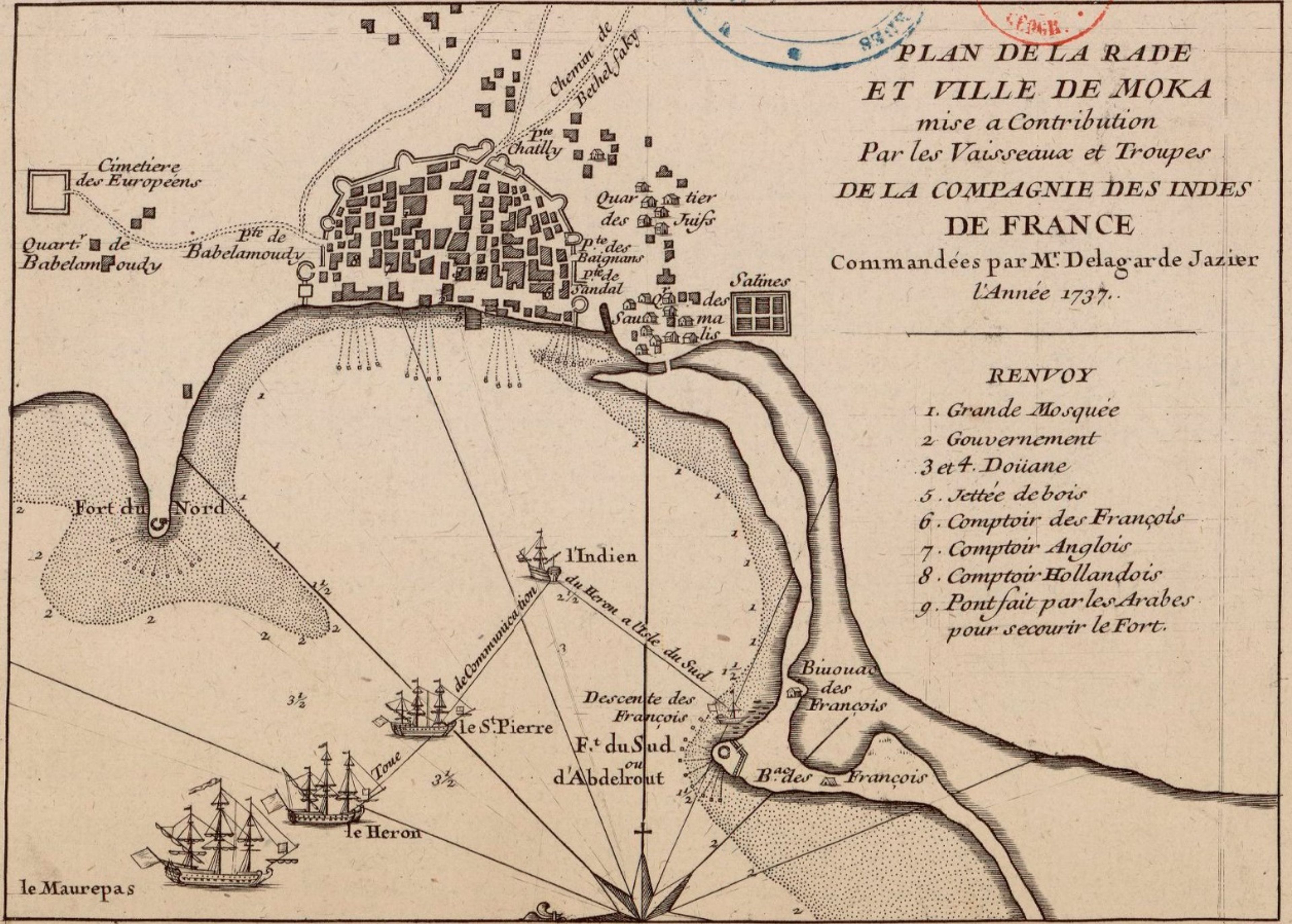 Plan of the harbour and city of Mocha (Moka), showing the town under contribution by the ships and troops of the French East India Company, commanded by Mr. Delagarde Jazier, 1737. Photo: Wikimedia Commons