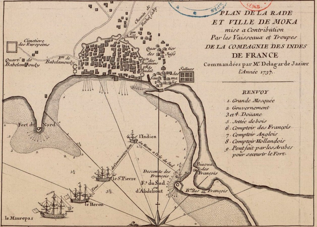 Plan of the harbour and city of Mocha (Moka), showing the town under contribution by the ships and troops of the French East India Company, commanded by Mr. Delagarde Jazier, 1737. Photo: Wikimedia Commons