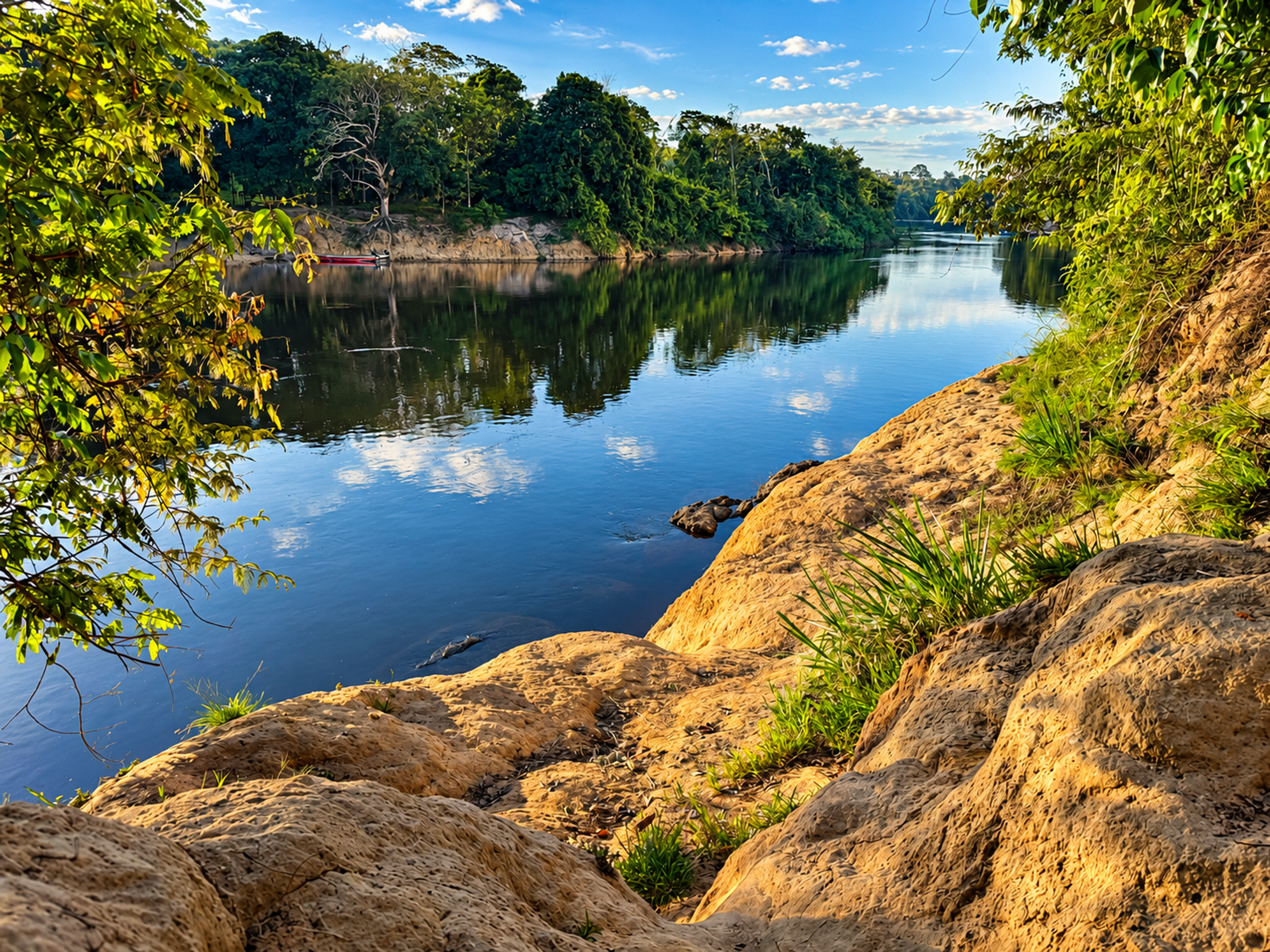The Tapanahony River at a low water level, exposing yellowish clay formations that are submerged when the river rises to its peak level. Photo: Night Owls Project/Romano Jalimsingh.