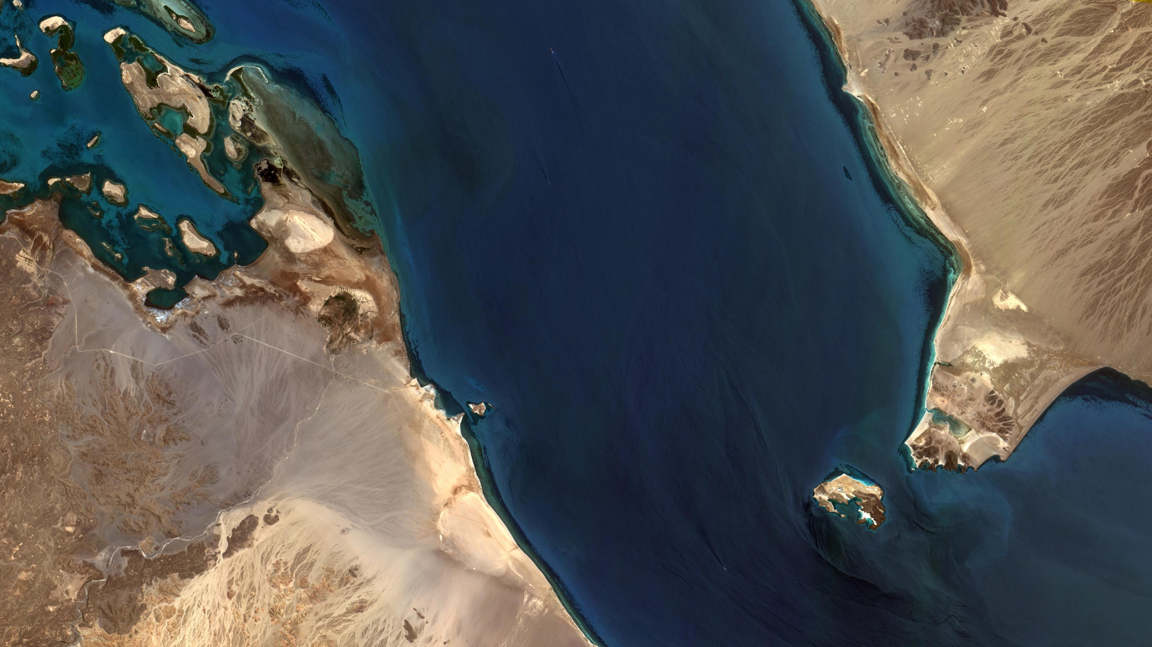 Satellite image of the Bab al-Mandab Strait, with Perim Island visible at its narrowest point separating Yemen from the Horn of Africa. Houthi forces seized the island on Friday, giving the group physical control of one of the world’s most critical shipping chokepoints. Photo: Oton Barros/INPE, CBERS-4/CC BY-SA 2.0