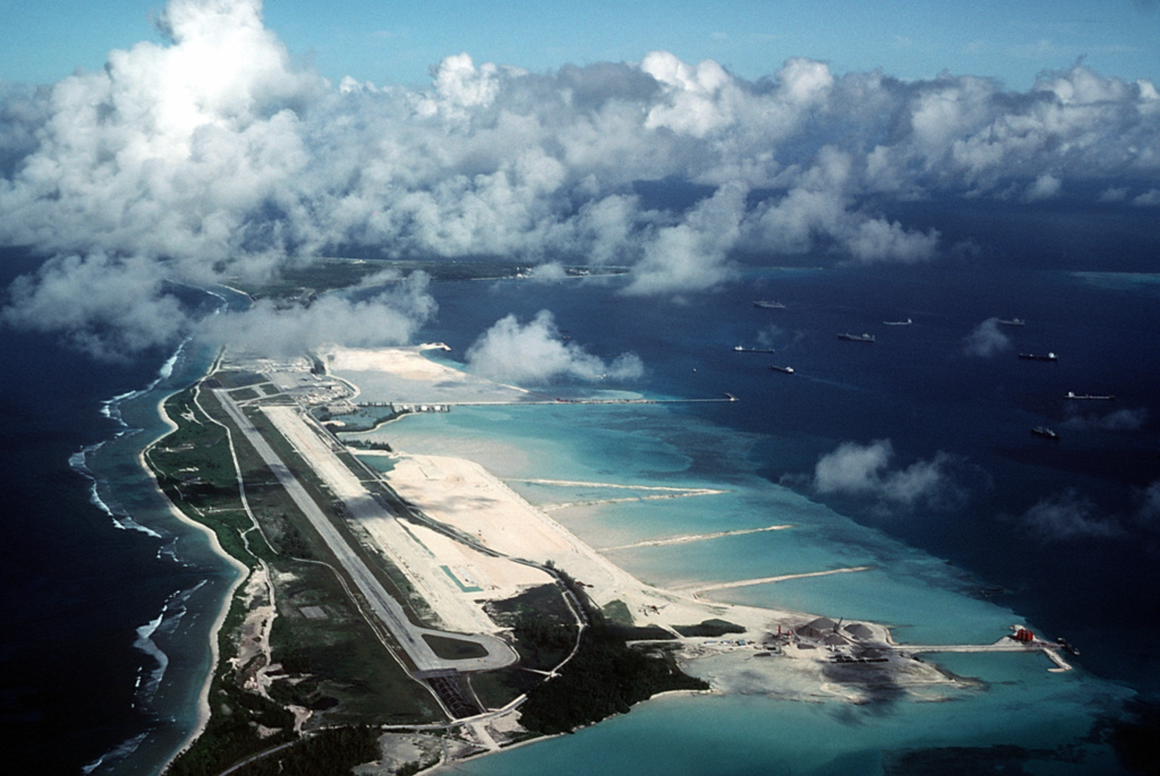 An aerial view of the runway and air operations area at the US military facility in Diego Garcia, home to a strategically important joint US-UK military facility in the Indian Ocean. Photo: US National Archives