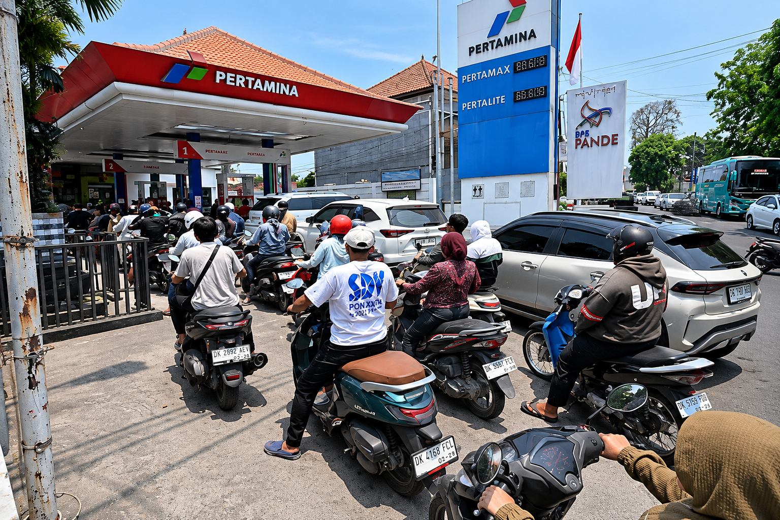 Motorcyclists queue to refuel at a Pertamina petrol station in Bali amid a fuel shortage that disrupted supplies across the Indonesian island in October 2026. Photo: Shutterstock