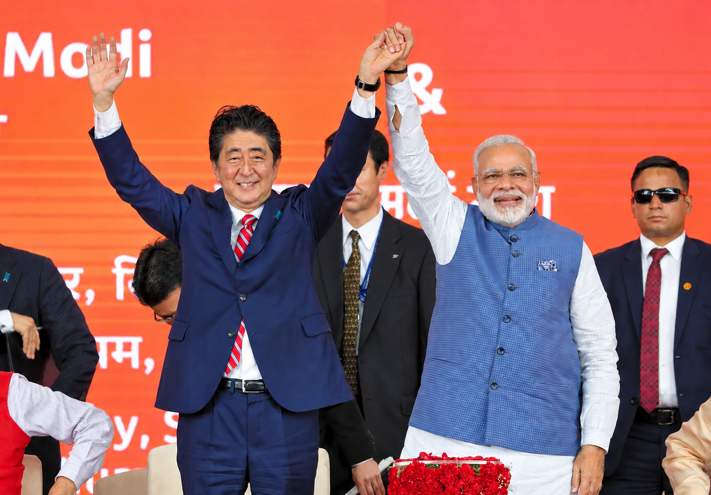 Prime Minister Narendra Modi and Japanese Prime Minister Shinzo Abe jointly lay the foundation stone for India’s first high-speed rail project between Mumbai and Ahmedabad in Gandhinagar, Gujarat, on September 14, 2017. Photo: Press Information Bureau/Government of India
