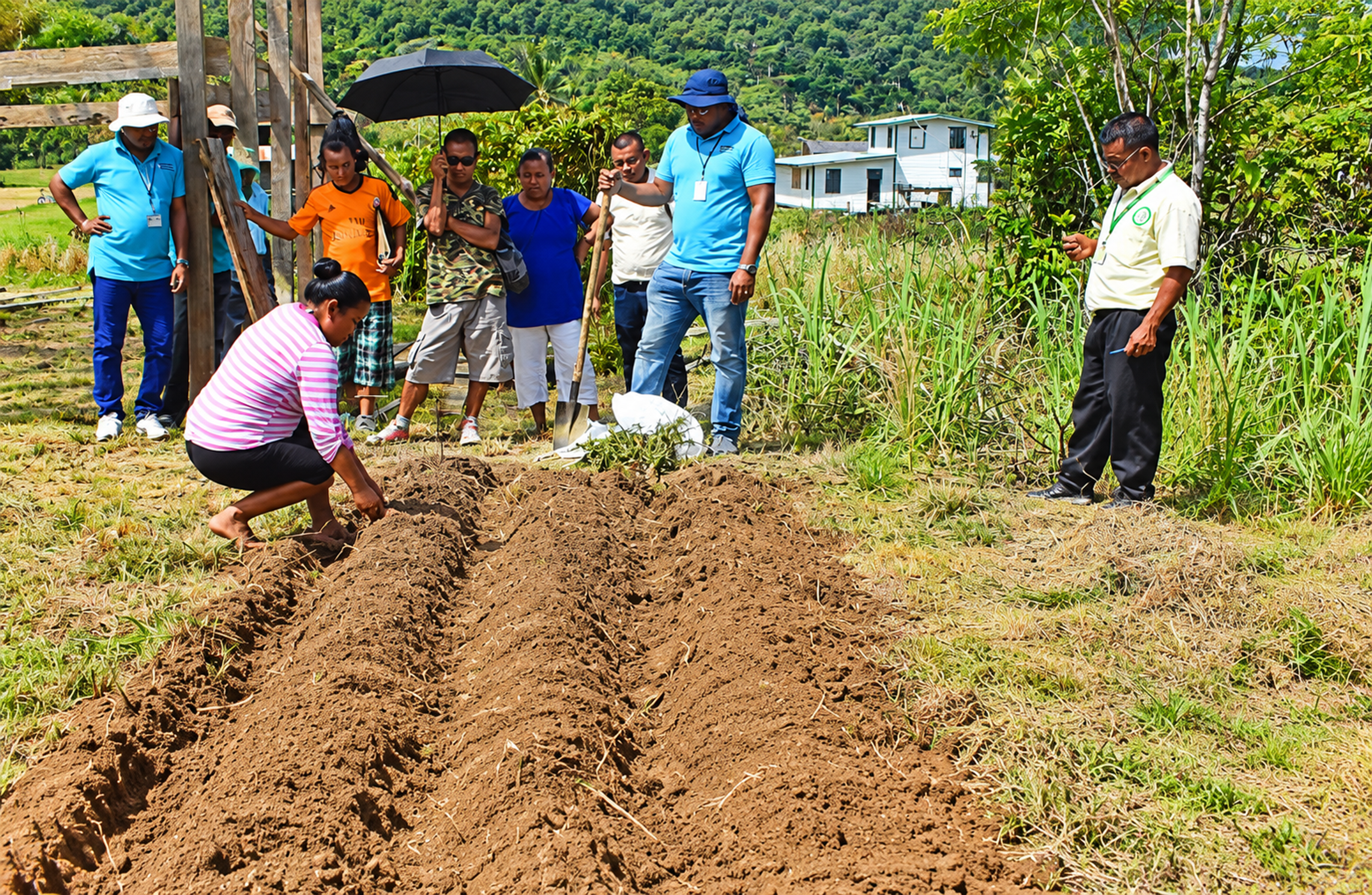 A member of Paruima’s Women’s Agriculture Group demonstrates a cassava seed-bank technique during training. The initiative aims to preserve planting material so farmers can resume cultivation after floods. Photo: FAO Guyana.