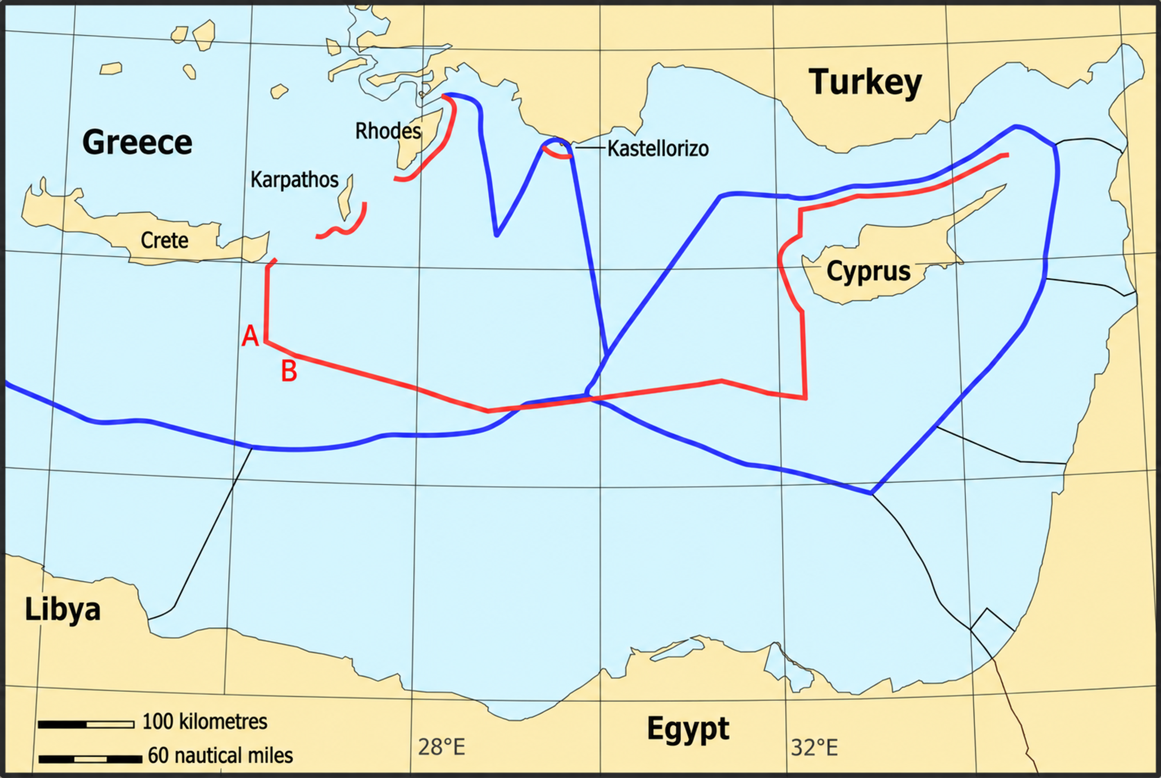 Map of the Eastern Mediterranean with conflicting delimitations of Exclusive Economic Zone / Continental Shelf areas. Blue: areas claimed by Greece and the Republic of Cyprus; Red: areas claimed by Turkey. Section labelled "A-B": Claimed delimitation between Turkey and Libya as per November 2019 agreement. Photo: Wikimedia Commons