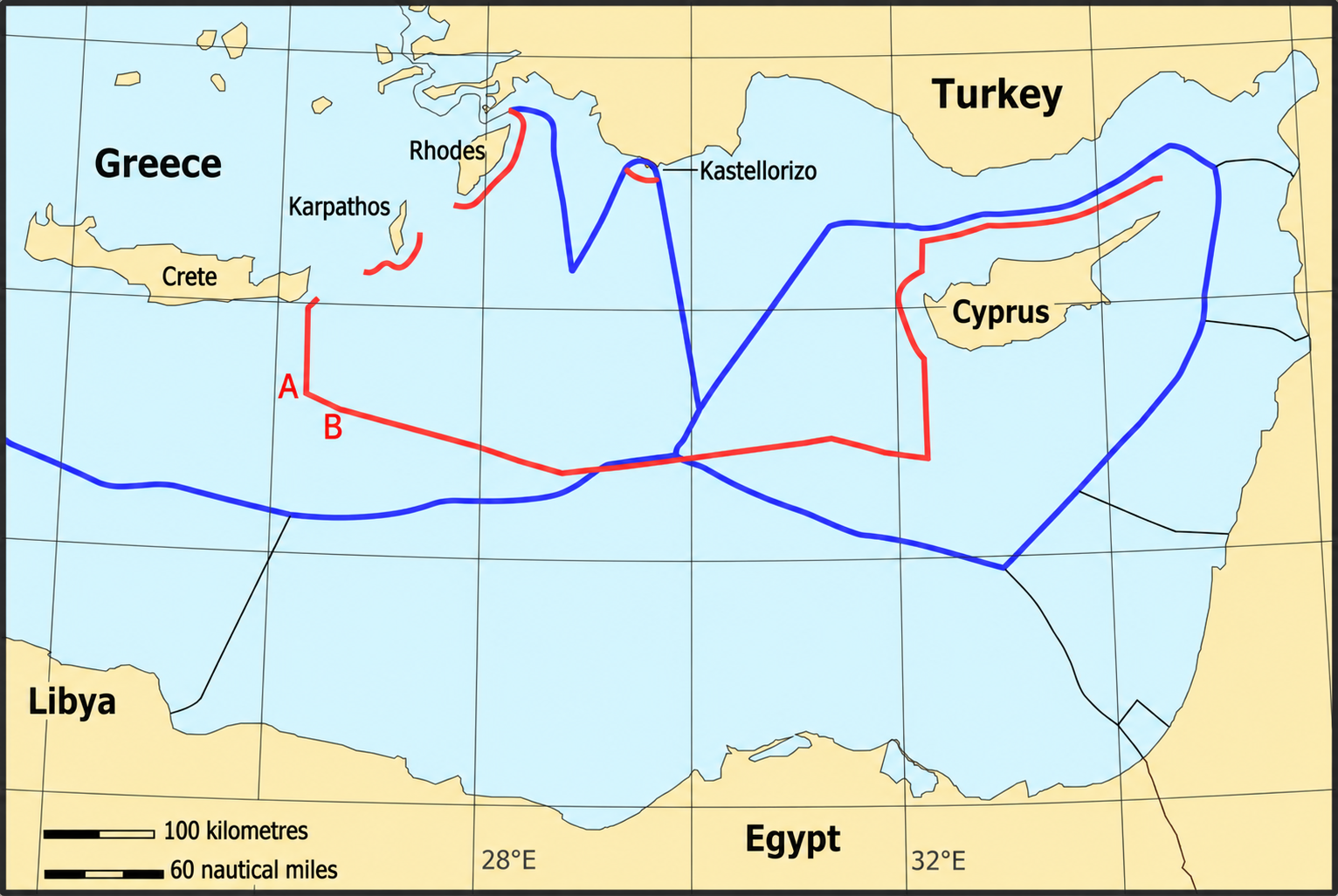 Map of the Eastern Mediterranean with conflicting delimitations of Exclusive Economic Zone / Continental Shelf areas. Blue: areas claimed by Greece and the Republic of Cyprus; Red: areas claimed by Turkey. Section labelled "A-B": Claimed delimitation between Turkey and Libya as per November 2019 agreement. Photo: Wikimedia Commons