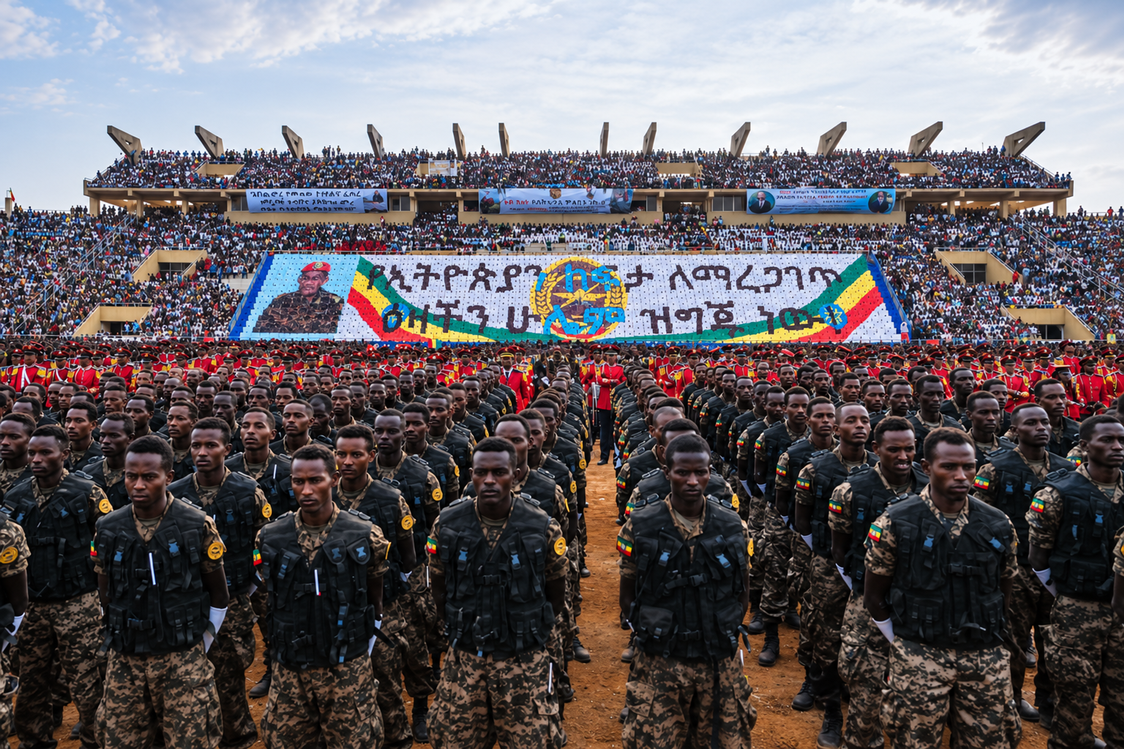Ethiopian soldiers take part in a military parade at a packed stadium in Addis Ababa Ethiopia. Photo: ENDF