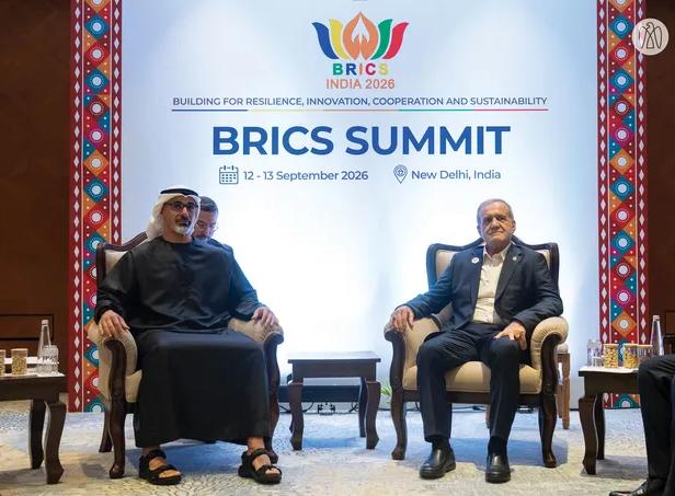 Crown Prince Sheikh Khaled bin Mohamed bin Zayed Al Nahyan and President Masoud Pezeshkian hold bilateral talks on the sidelines of the BRICS Summit in New Delhi. Photo: Abu Dhabi Media Office
