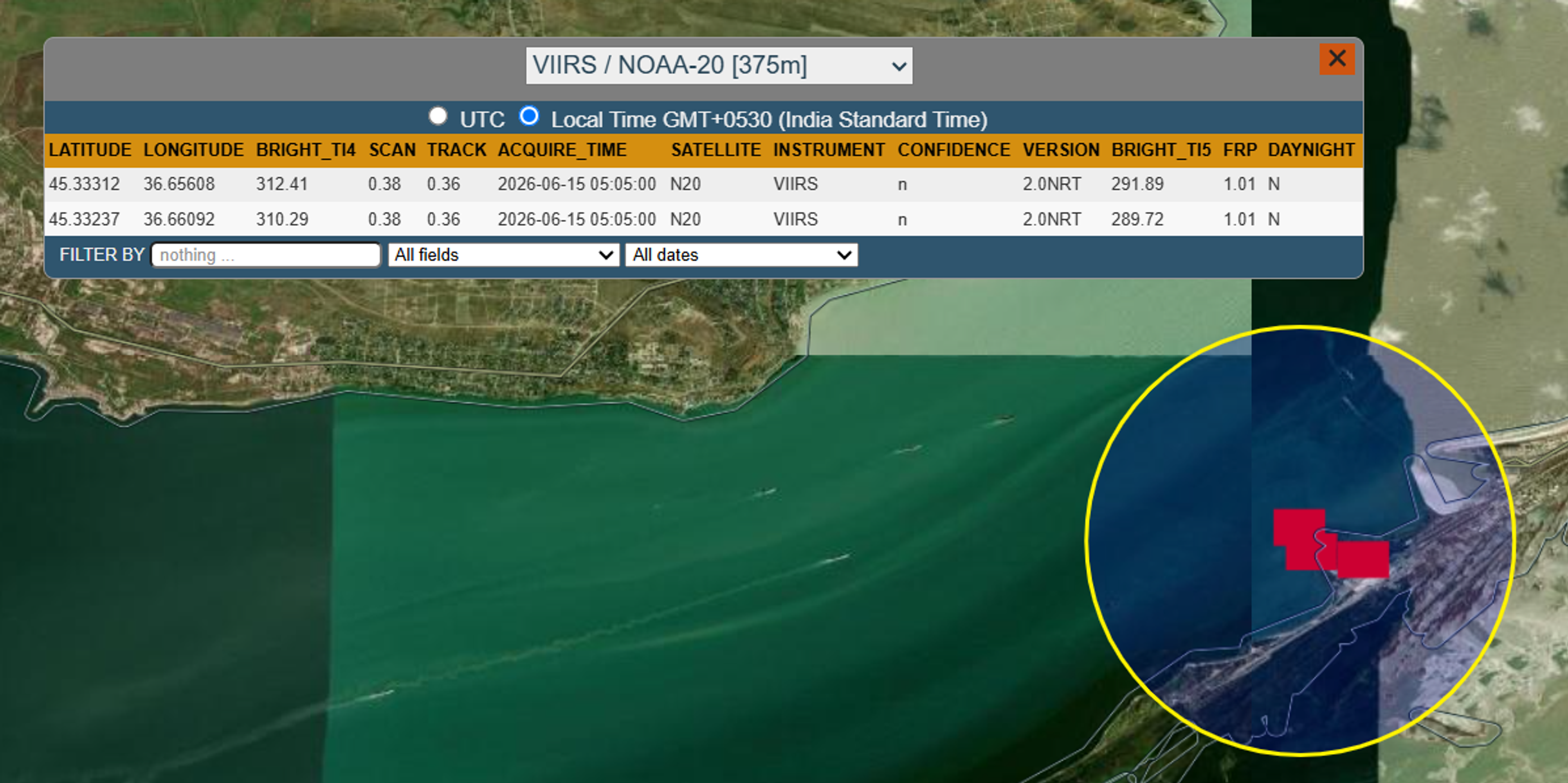 Thermal hotspots detected by NASA FIRMS at Port of Kavkaz, 14–15 June, following reported Ukrainian strikes.
