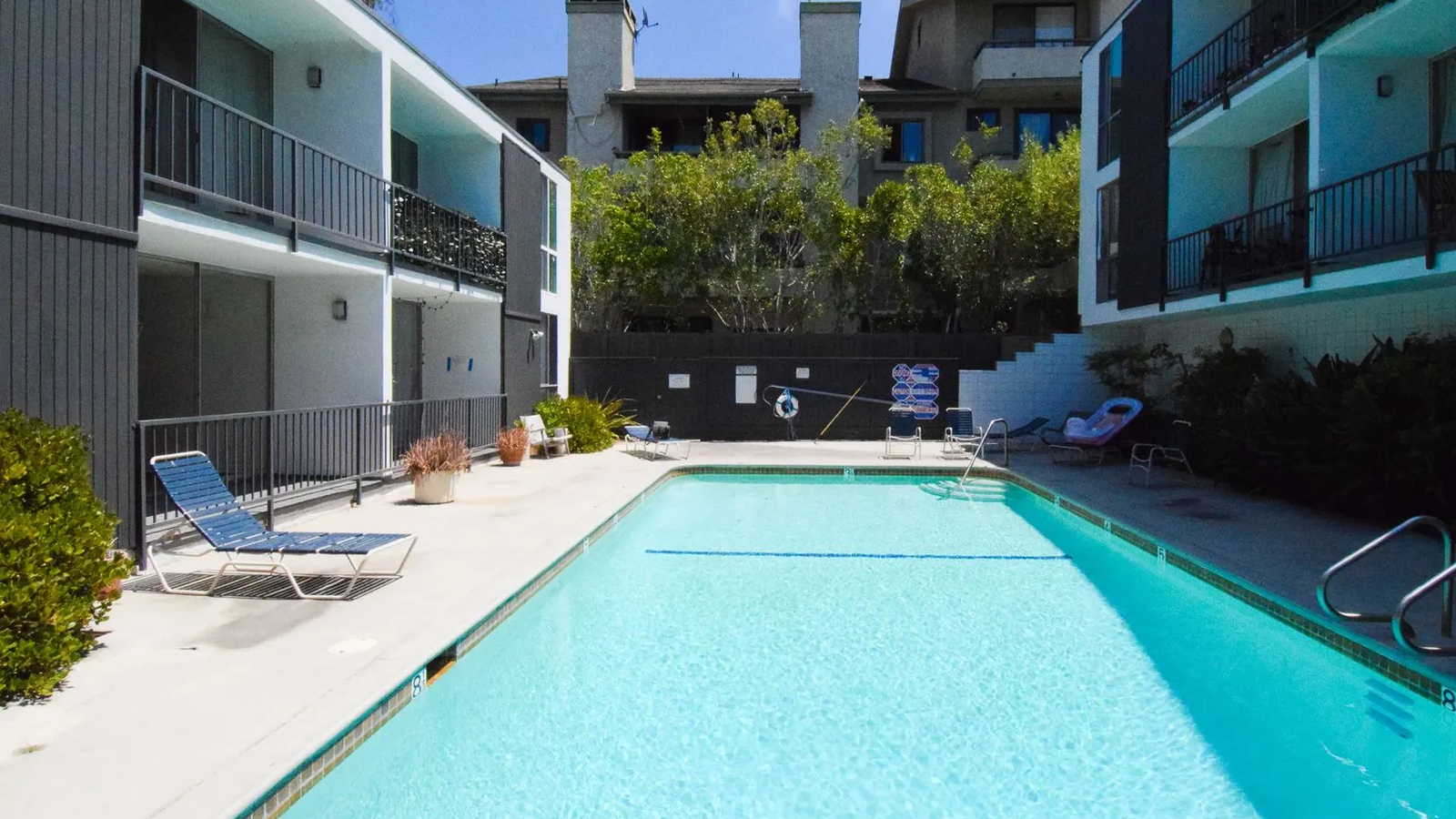 Resort-style apartment pool deck near Santa Monica College student housing