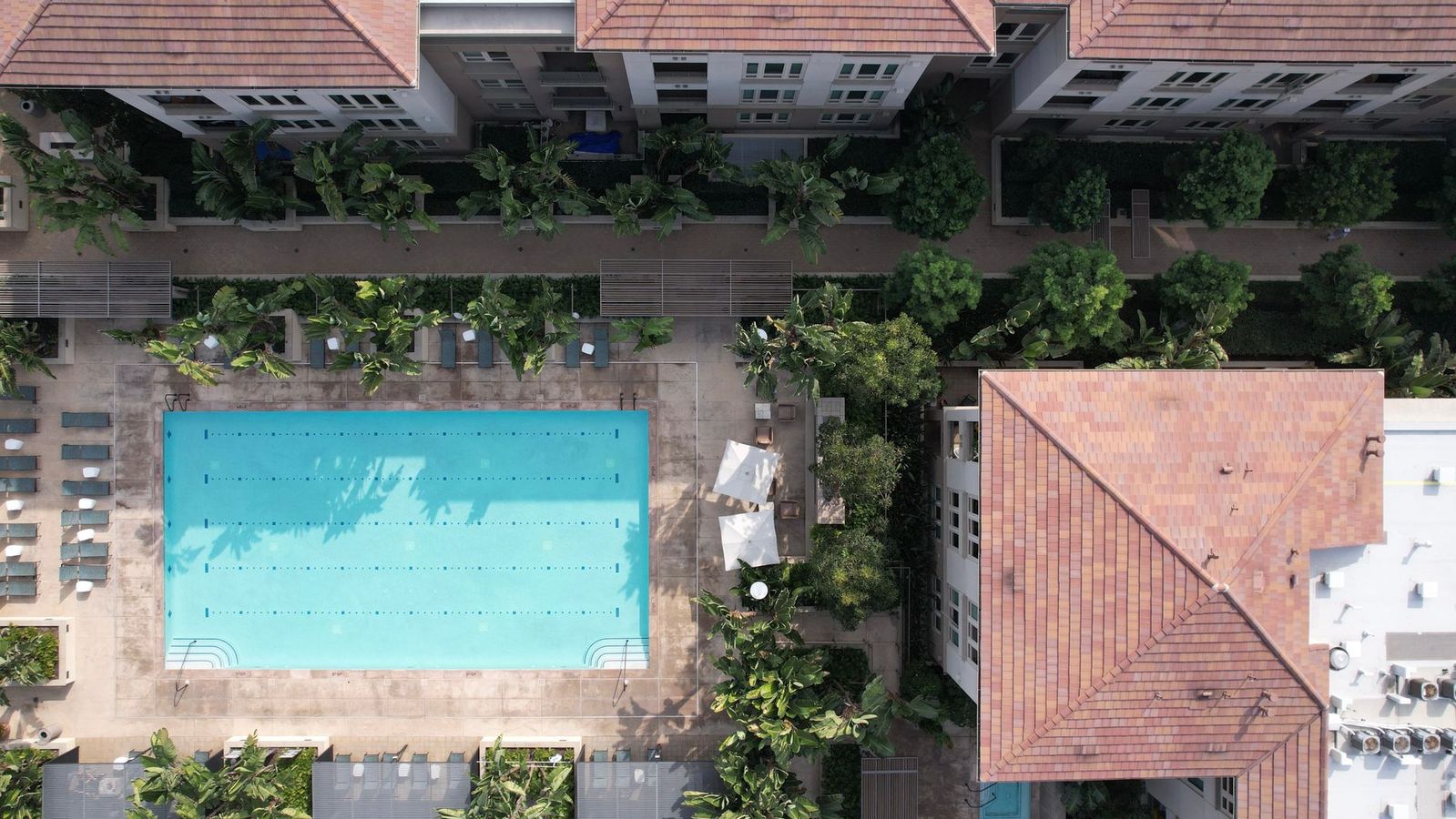 Aerial view of a Los Angeles apartment community with a pool near USC