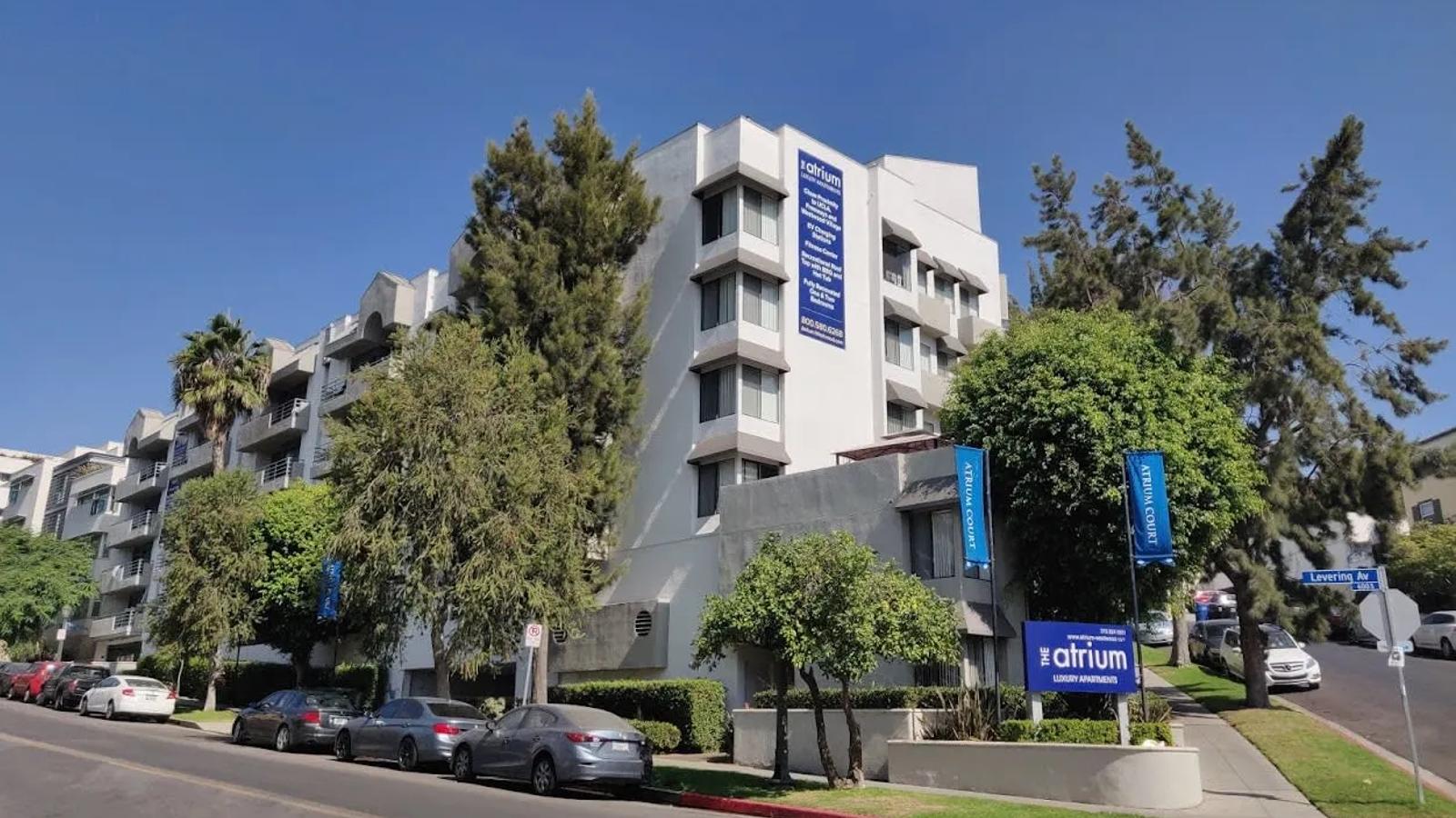 Atrium apartment building exterior on Strathmore Drive near UCLA in Westwood