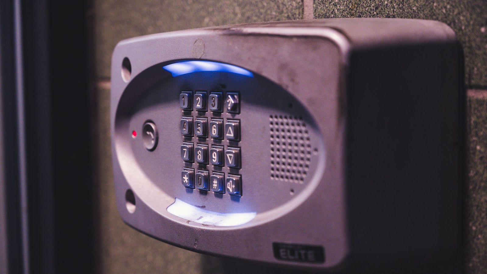 Apartment building entrance with keypad secure entry lock for student housing