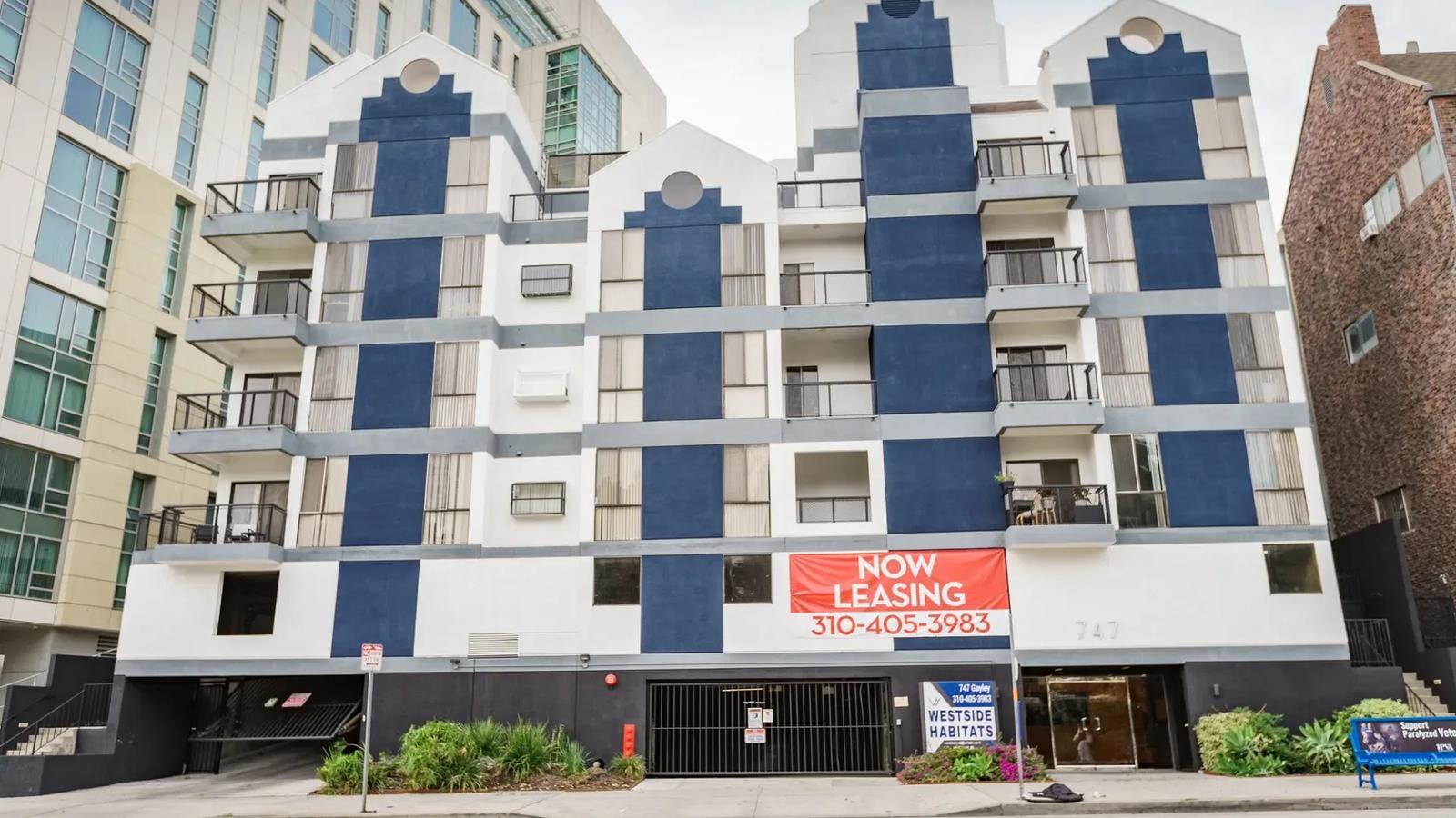 Exterior view of a Westwood apartment building near UCLA campus housing