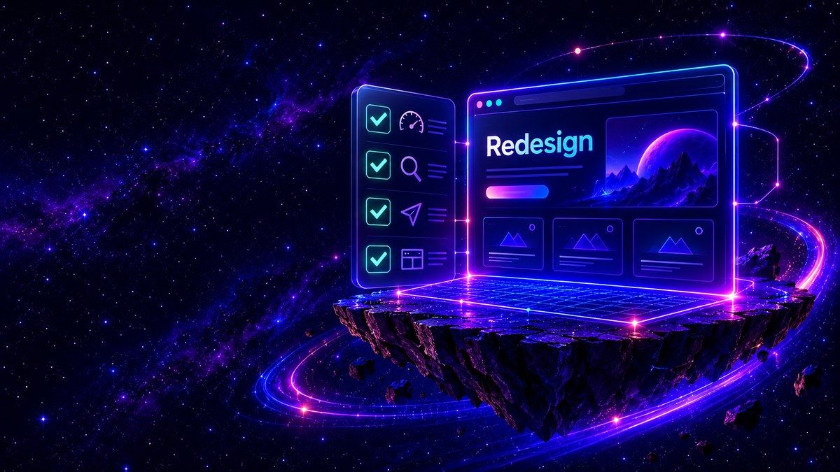 Website browser and a glowing checklist illustrating a website redesign audit.