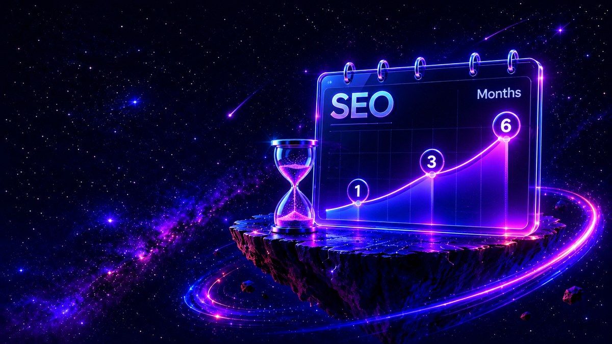 Neon glass SEO calendar with a rising performance curve and one, three and six month milestones.
