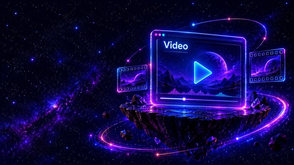 Glass video player with a play button, film frames and an audio waveform.