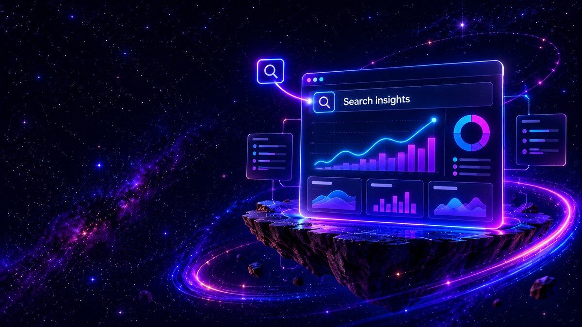 Glass search analytics dashboard with a line graph, bars and a donut chart.