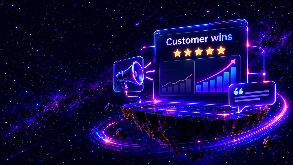 Customer review and case-study dashboard connected to a glowing megaphone.