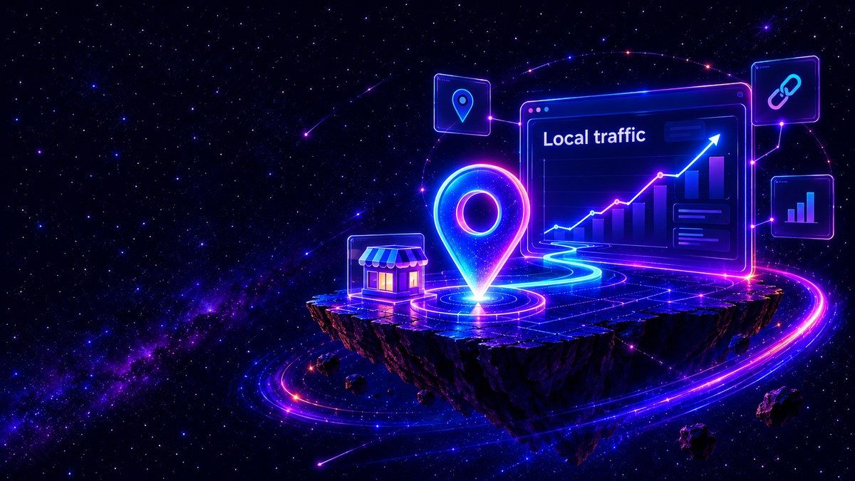 Local map pin and storefront connected to an analytics dashboard by a glowing tracking path.
