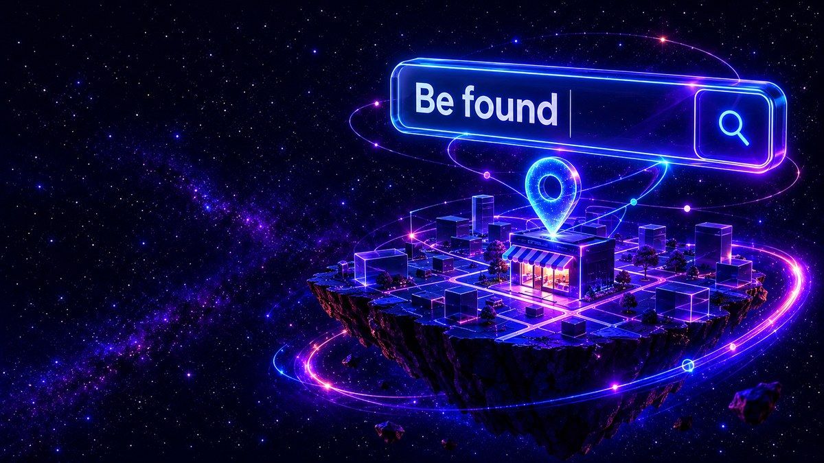 Local storefront and map pin connected to a search field above a neighborhood map.