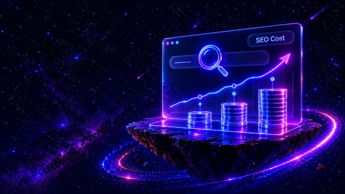 Search performance dashboard and three coin stacks illustrating SEO cost and scope.