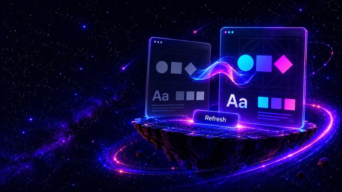 Connected identity boards with geometric marks, typography and color swatches illustrating a brand refresh.