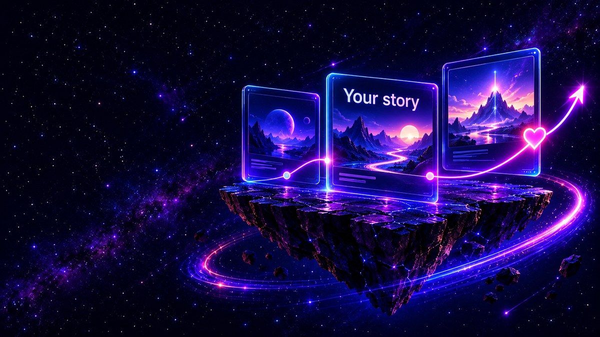 Connected visual storyboard panels illustrating a brand story and audience growth.