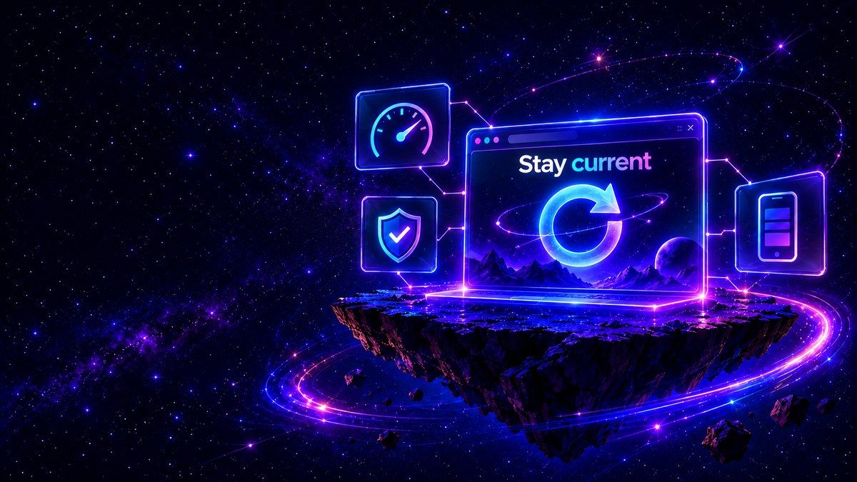 Website browser with a refresh symbol and speed, security and mobile update cards.