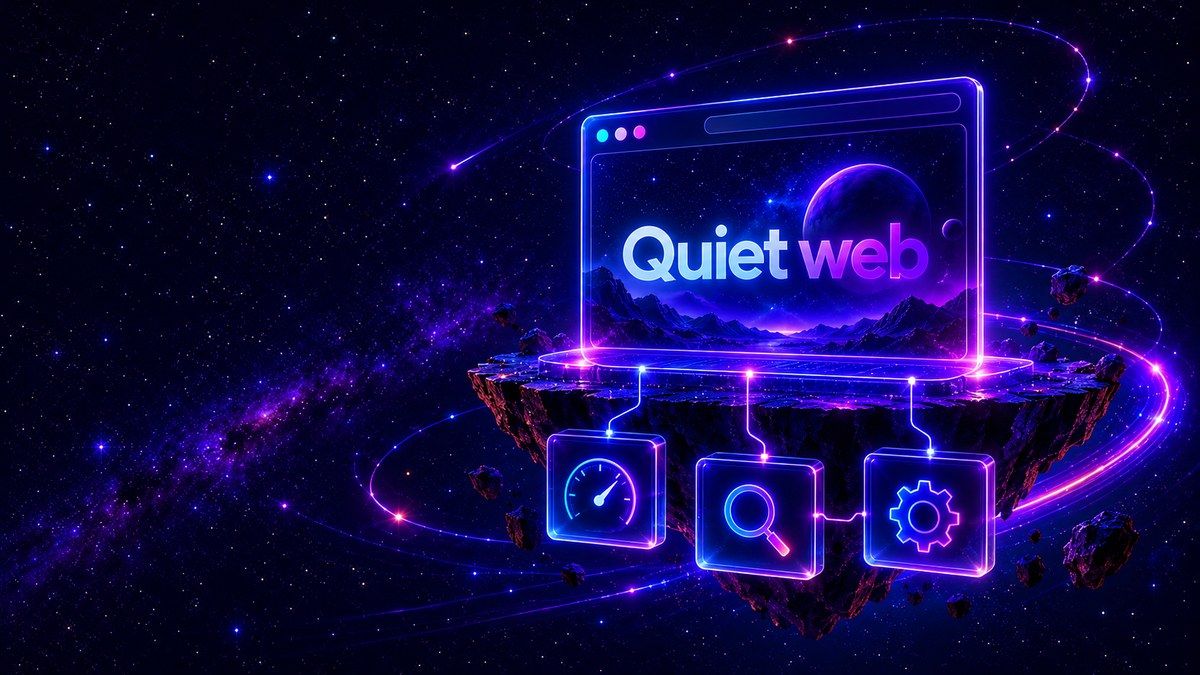 Minimal website above hidden speed, search and automation systems in a floating rock platform.