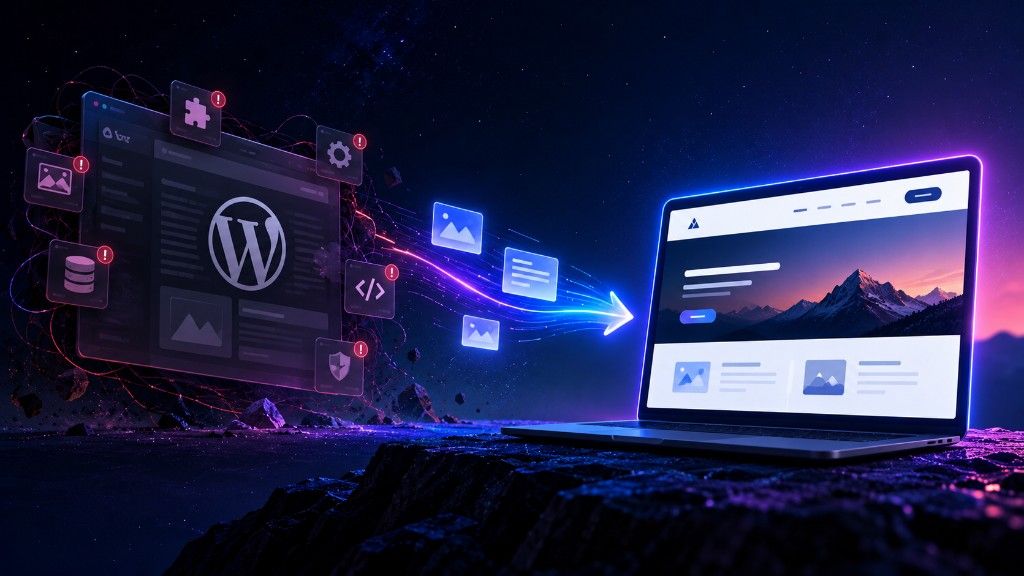 A WordPress dashboard breaking apart as the site moves onto a clean laptop