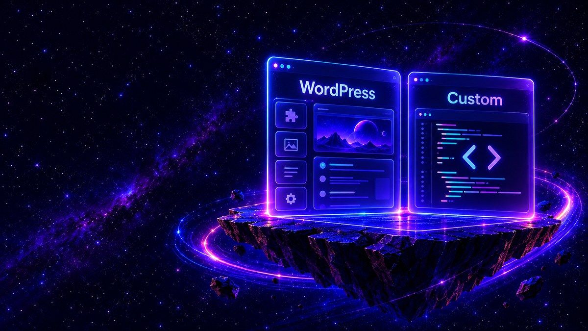 WordPress dashboard and a clean custom website shown side by side on a floating platform.