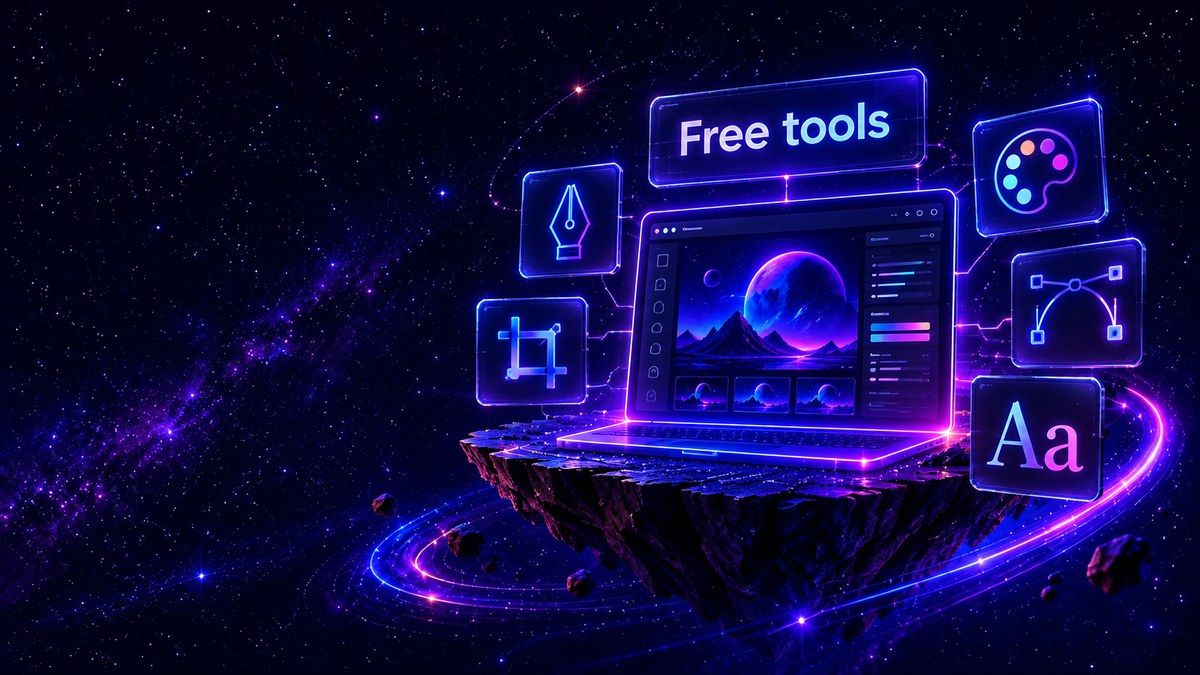 Five glowing graphic design tool panels arranged around a creative canvas.
