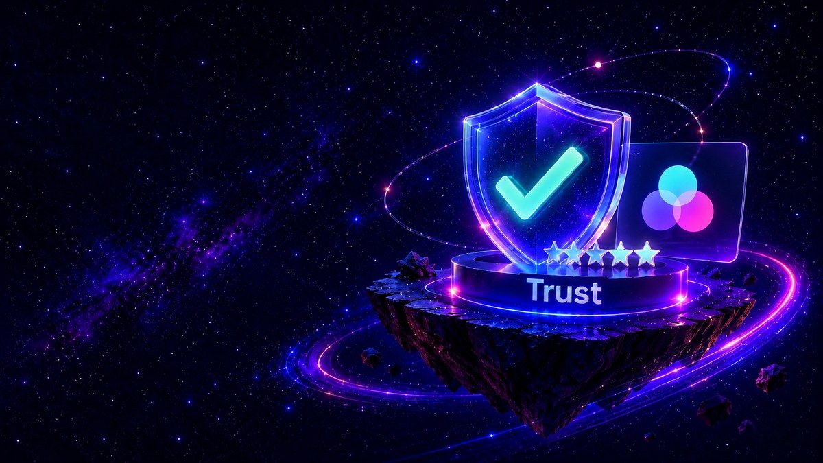 Glowing shield and checkmark with brand cards and review stars representing business trust.