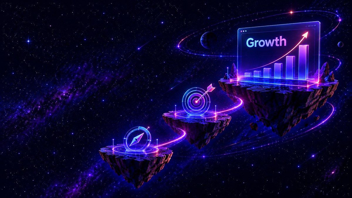 Ascending floating platforms leading to a growth dashboard, target and compass.
