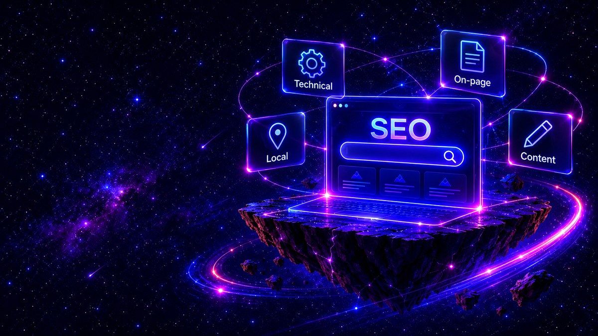 Four connected glass panels representing technical, on-page, local and content SEO.