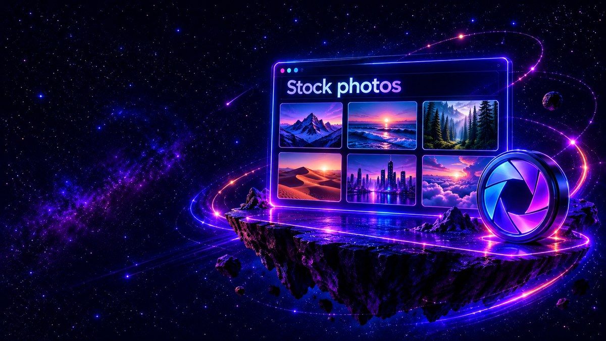 Glass photo gallery containing six landscapes beside a camera aperture symbol.