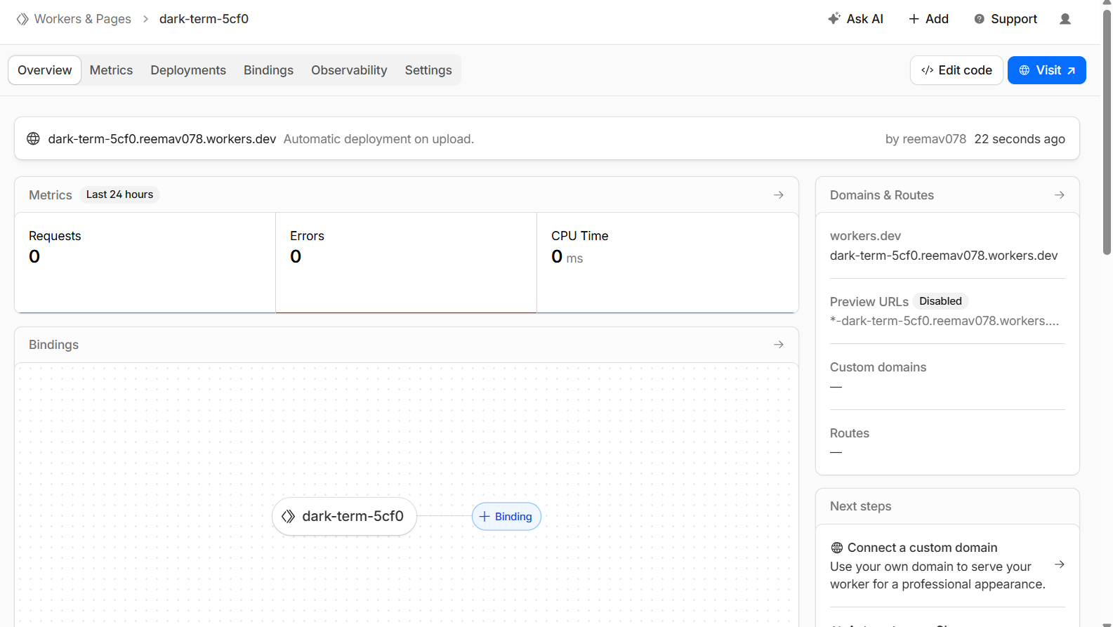 Dashboard view after clicking on deploy
