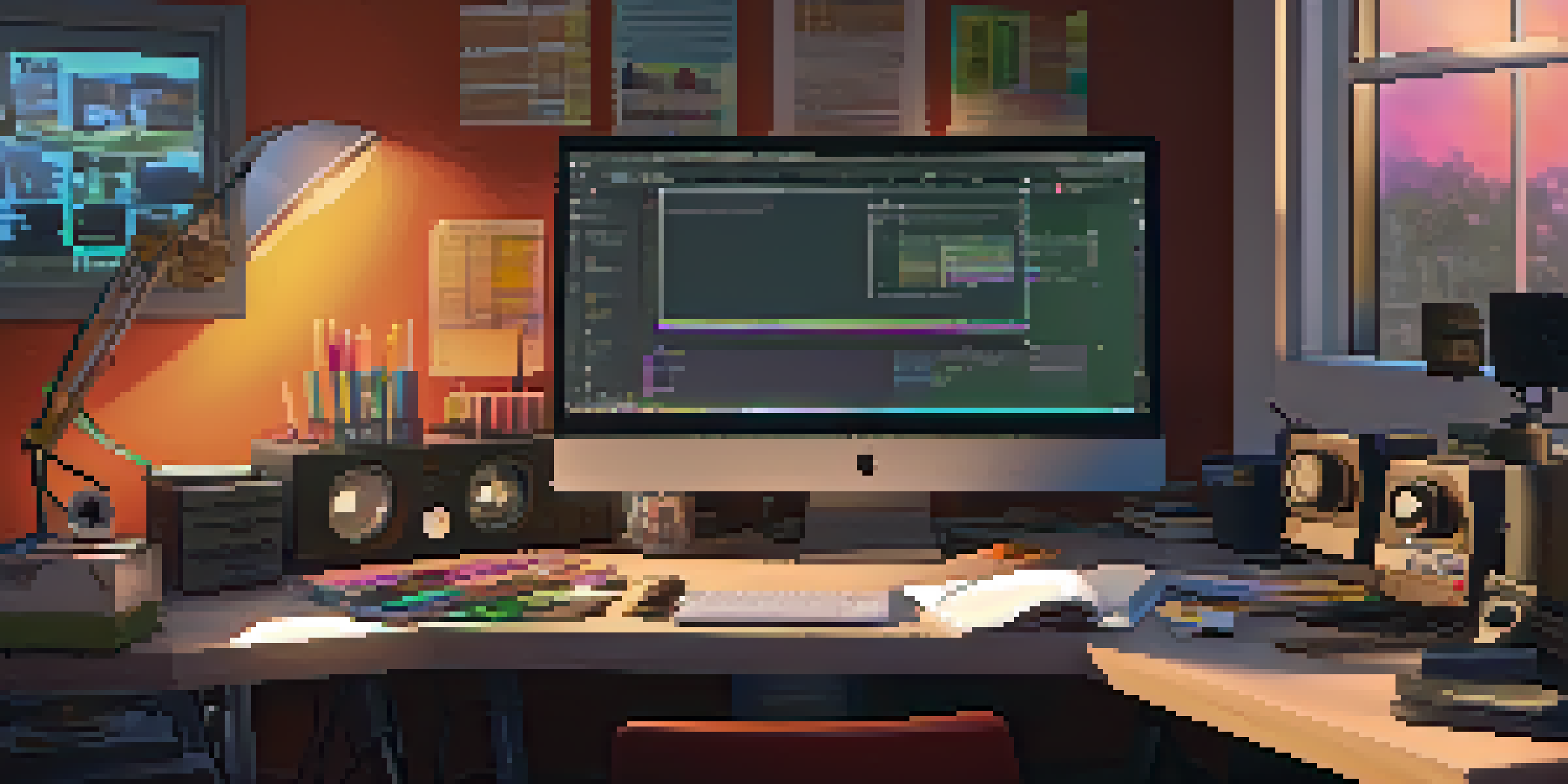 A film editor's workspace with a computer screen showing editing software, surrounded by film reels and notes, illuminated by warm ambient lighting.