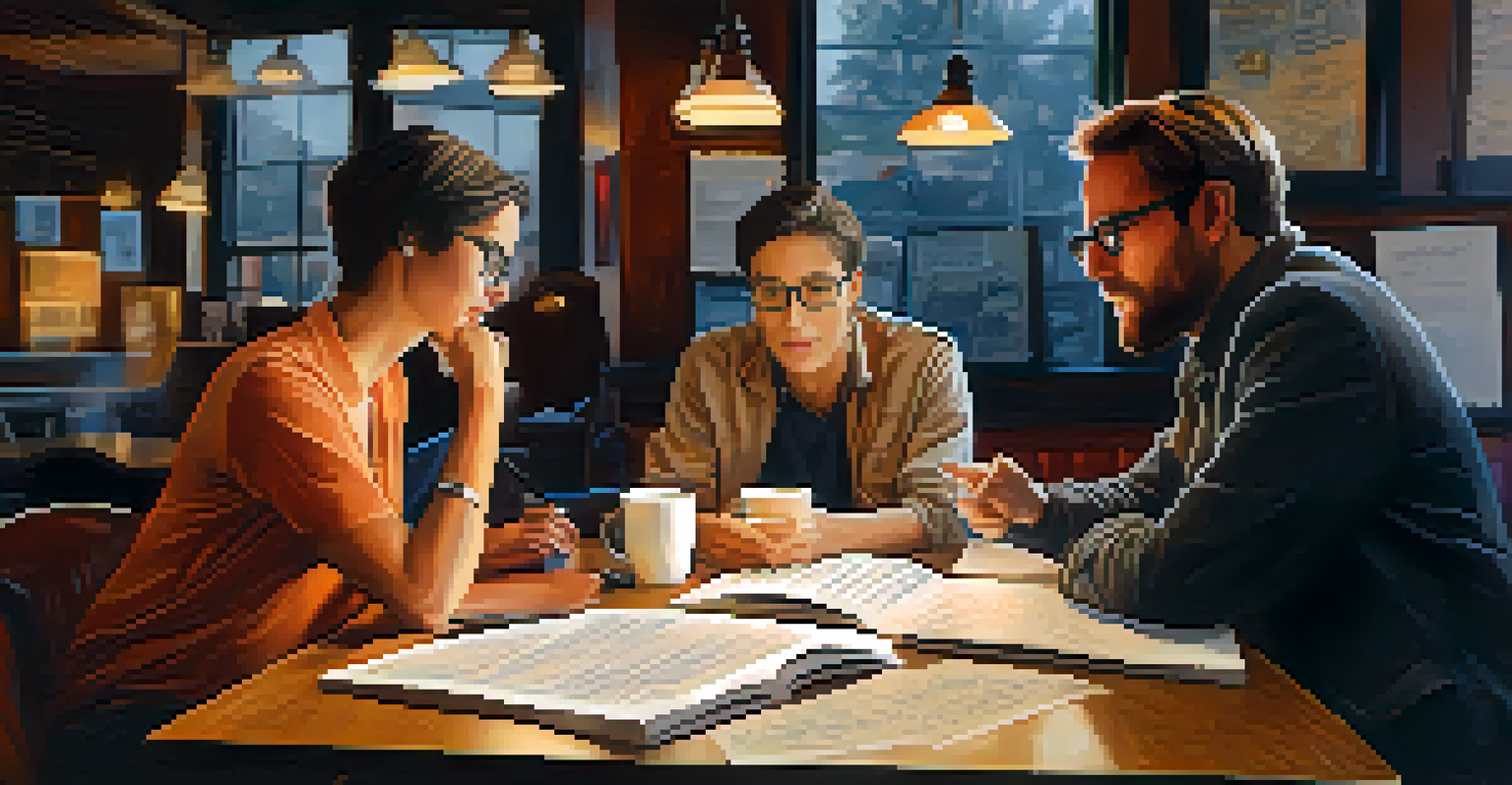 A director and writer collaborate in a coffee shop, surrounded by scripts and coffee cups.